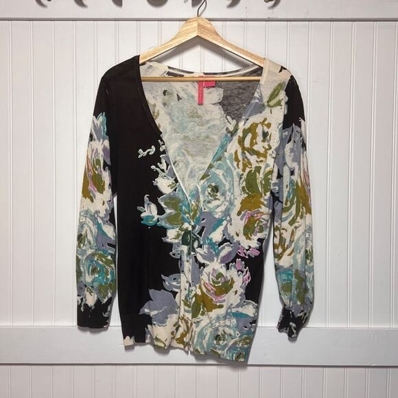Charlotte Tarantola Floral Bright Colorful Cardigan Diamond Buttons Women's Larg - Picture 2 of 9